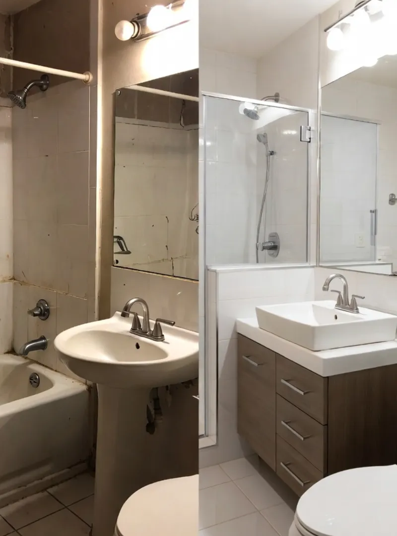Bathroom before and after split with new shower install