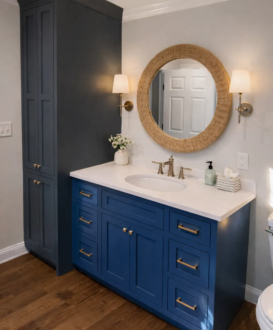 Bathroom with blue vanity and round mirror, Chippewa Falls WI
