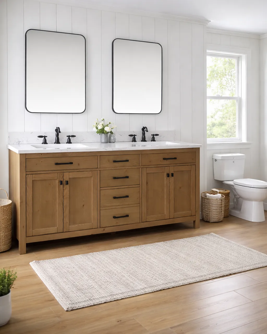 Finished bathroom remodeling project in Eau Claire WI with shiplap walls and double wood vanity